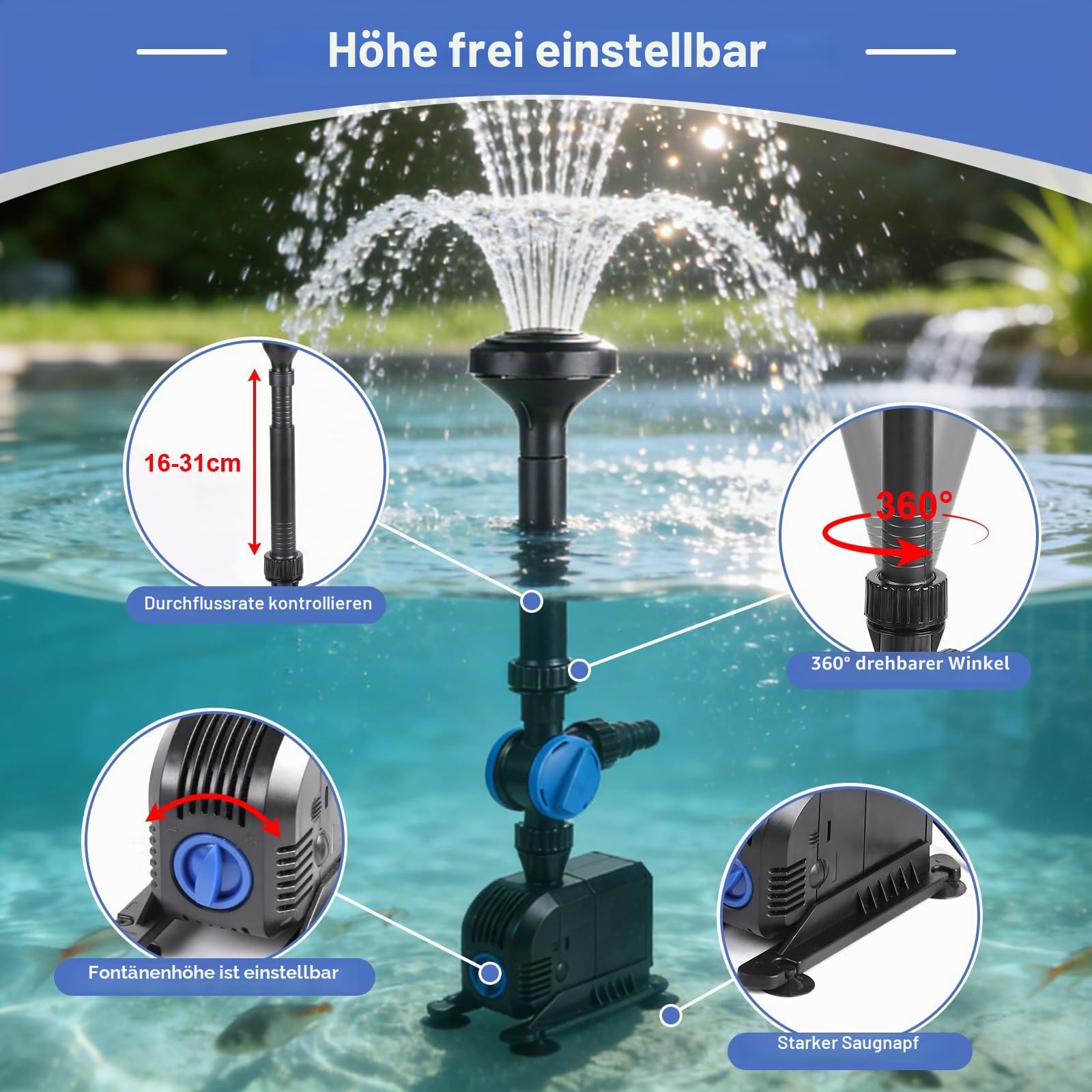 EFUTURETIME Teichpumpe 2000L/H 35W, Springbrunnenpumpe für Außen 2m Hub, Wasserspielpumpe Zimmerbrunnen mit 5m Kabel, Pumpe für Gartenteich Fontänen, 2 Düsentypen für Perfekte Wasserlandschaft