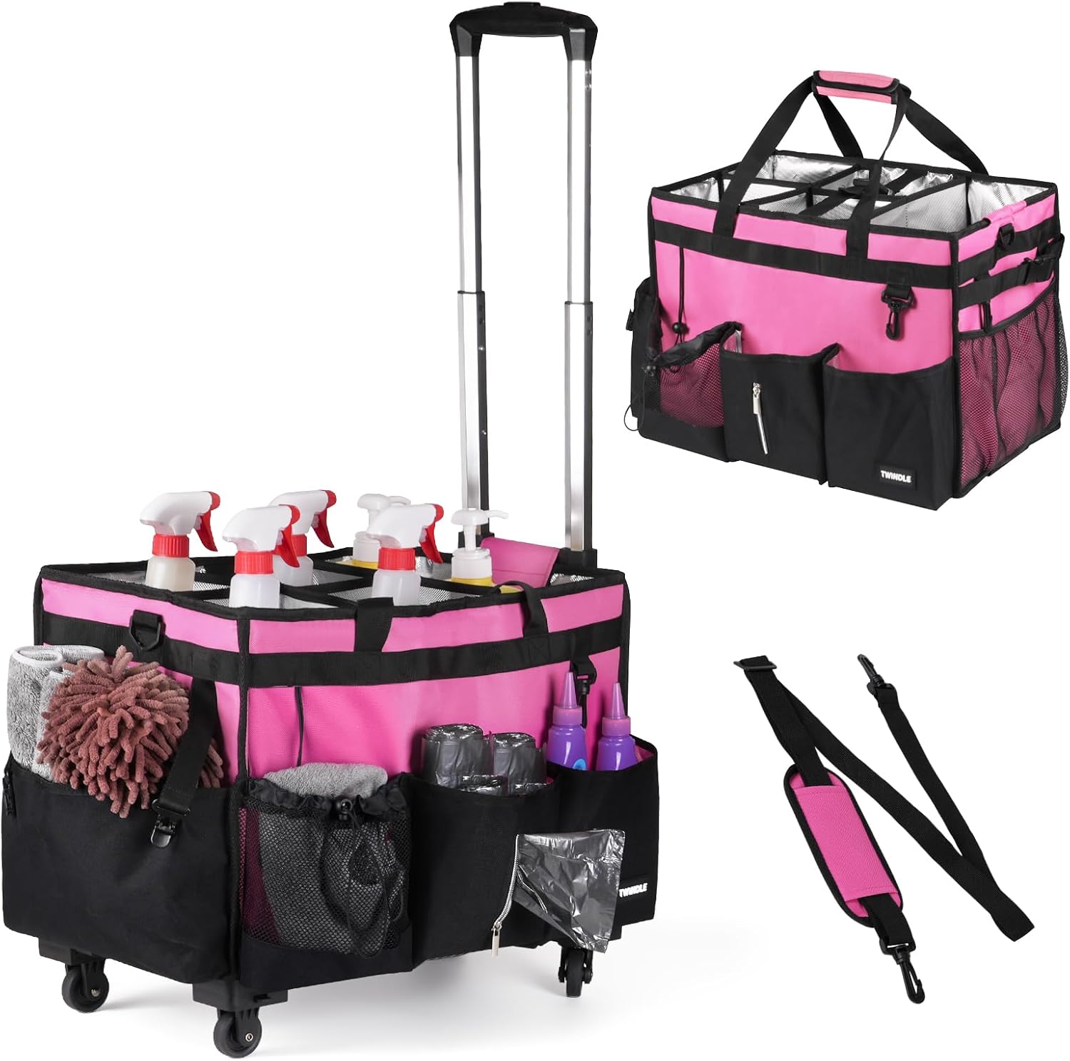 Extra-Large Rolling Cleaning Caddy with Wheels,Cleaning Caddy Bag with Detachable Trolley,Water Resistant Lining Cleaning Supply Organizer with Handle for Cleaners,Housekeepers Rose Pink-cleaning Caddy With Wheels Extra-Large
