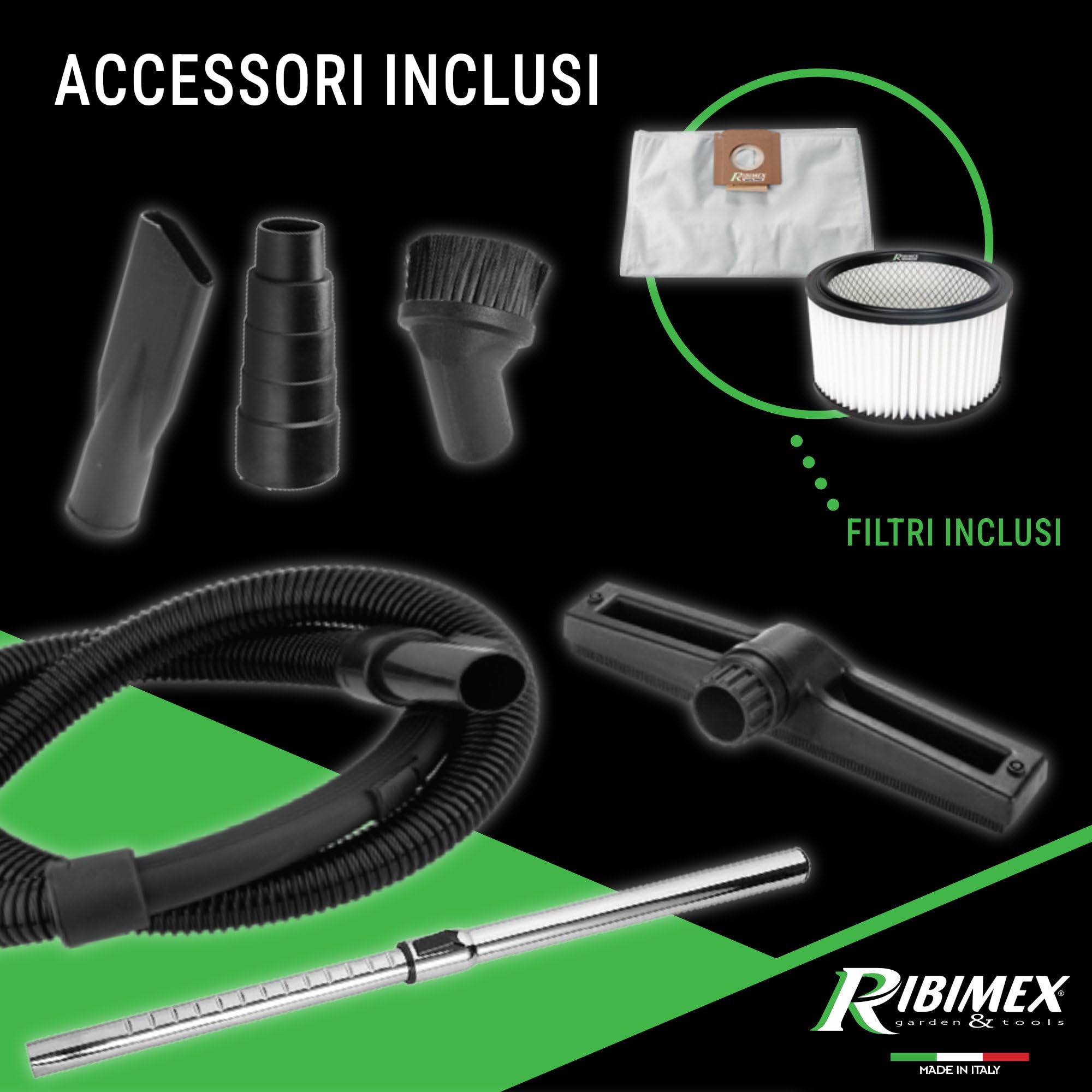 Ribimex Aspiratore Solidi e Liquidi Aspirix Serie Pro Classe M, Bidone Aspiratutto Professionale 20 L, 1400 W, Presa Elettroutensili e Funzione Soffiante, Accessori Inclusi - PRASP20M
