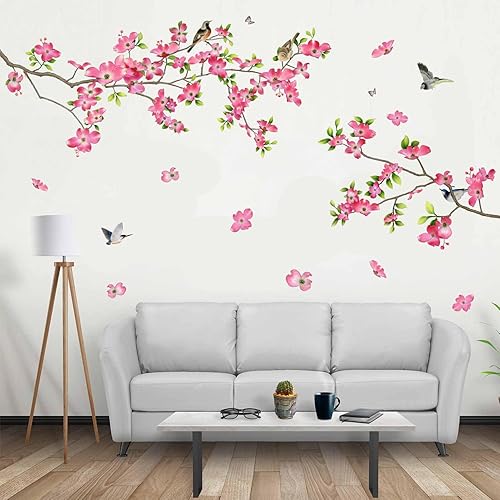 PinkEleph Calcomanías de pared de flor de cerezo rosa, flores silvestres, ramas de árbol, pájaros, cornus kousa, calcomanías de pared florales,