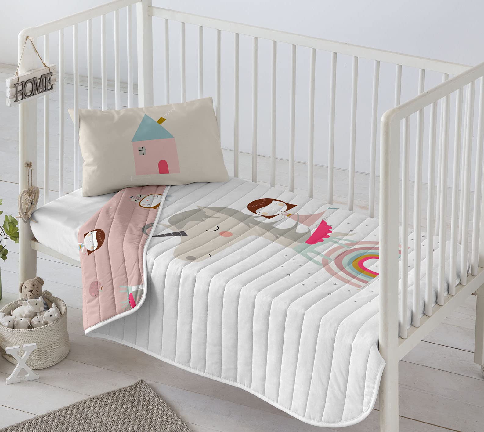 HACIENDO EL INDO Colcha bouti reversible cuna/maxicuna Unicorn White