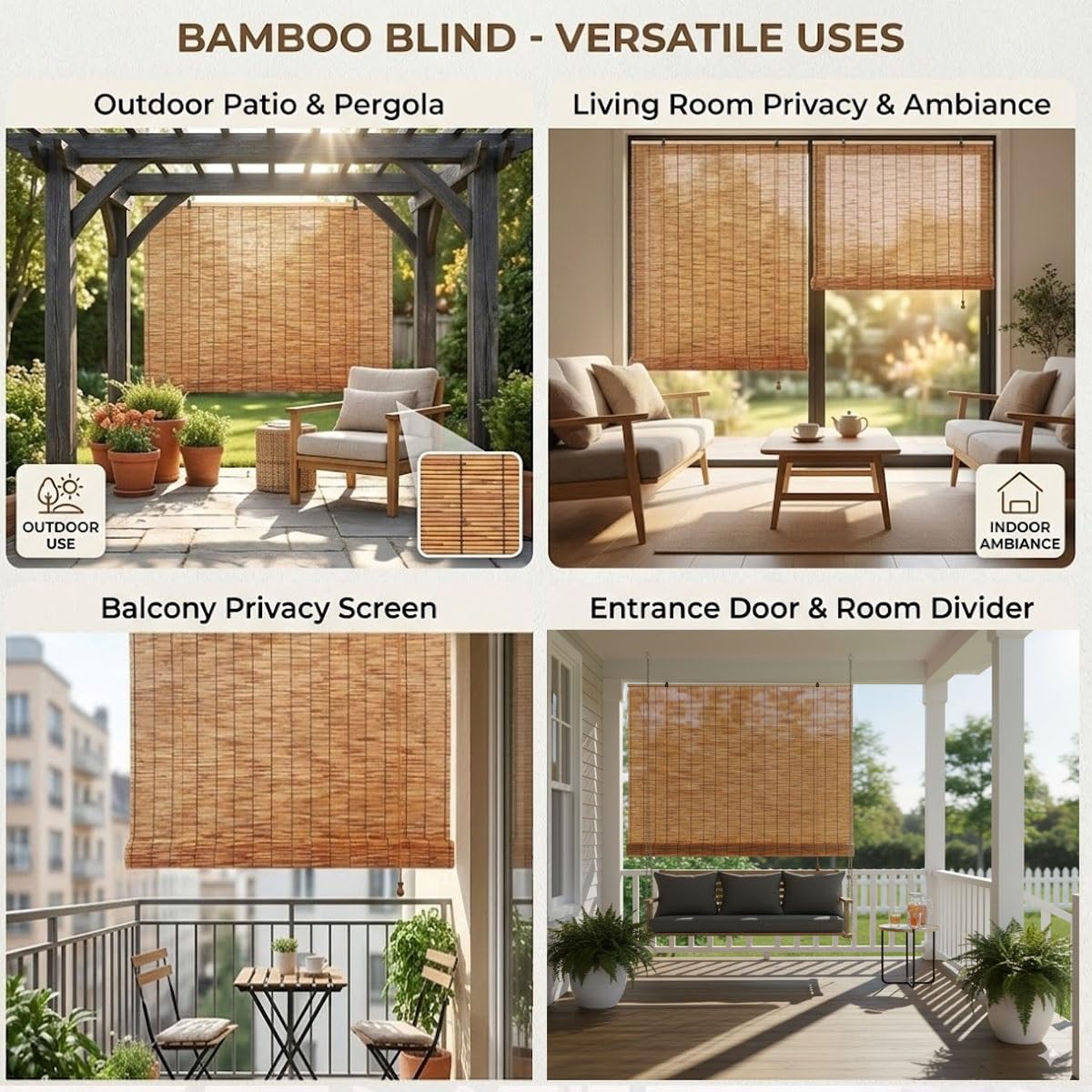 Bambusrollo 160 cm 70 cm 166 cm 90 cm 75 cm 100 cm breit Bambus Rollo Outdoor Balkon Sonnenschutz Sichtschutz ohne Bohren(braune,85W x 240H cm)