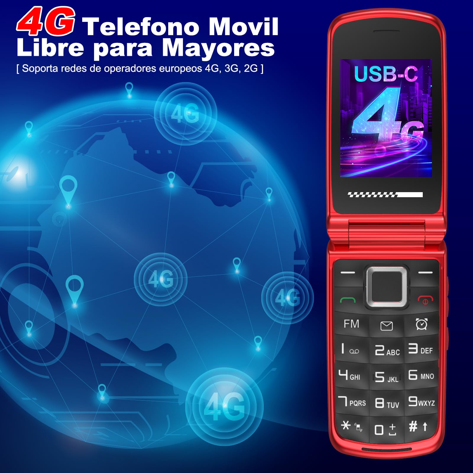 USHINING Teléfono Móvil 4G para Personas Mayores, Teléfono Móvil con Tapa Teclas Grandes Botón SOS Pantalla Doble de 2,4 y 1,77 Pulgadas Doble SIM USB-C Despertador Base de Carga, Fácil de Usar, Rojo