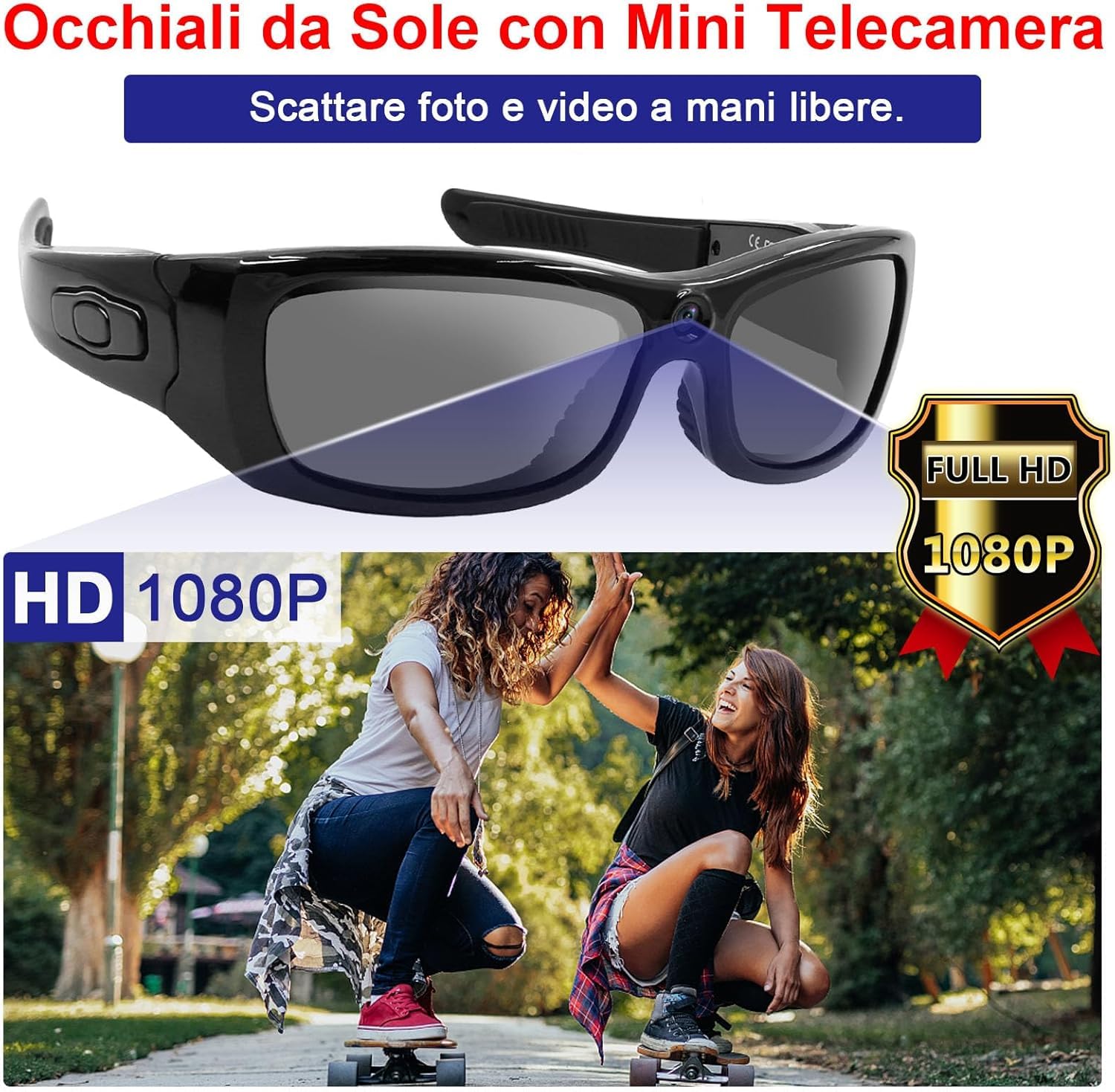 Occhiali da sole con telecamera nascosta spia Full HD 1080p, Bluetooth con cuffie per musica, telefono. Con lenti polarizzate con protezione UV, per attività all'aperto e viaggi - CW895