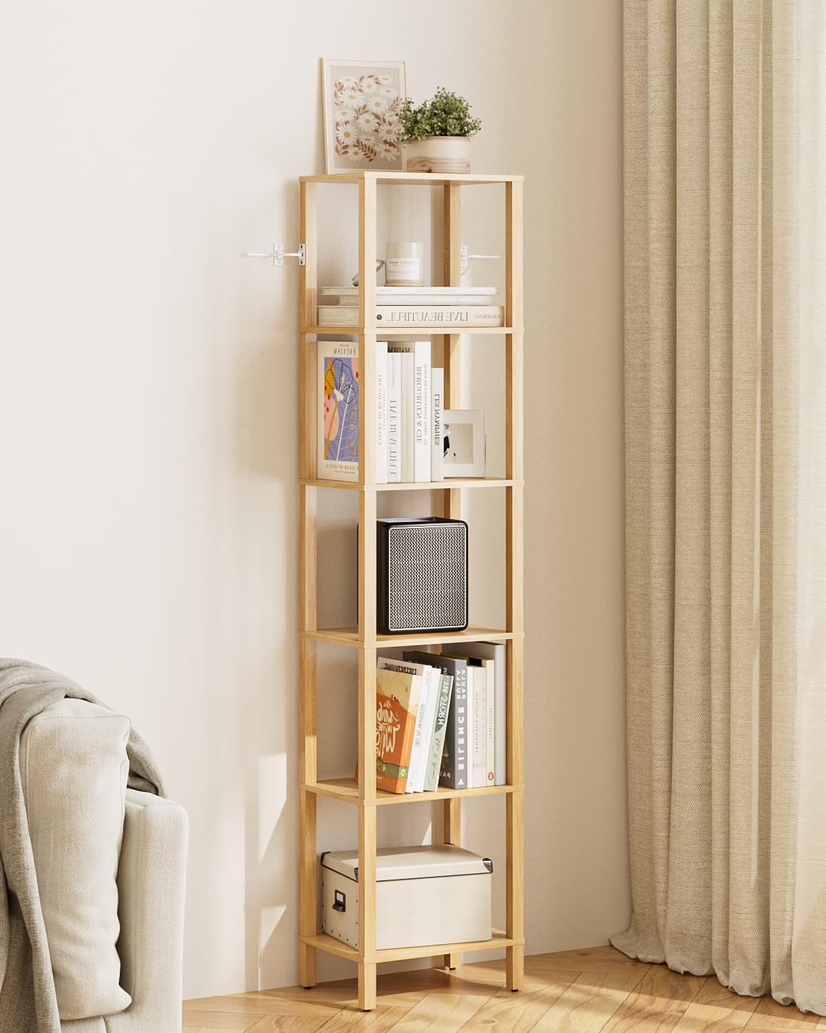 Bücherregal, Regal Schmal mit 6 Ebenen, Küchenregal mit offenen Regalen, 38 cm x 27 cm x 167 cm, Standregal für Wohnzimmer, Büro, Arbeitszimmer, Eiche
