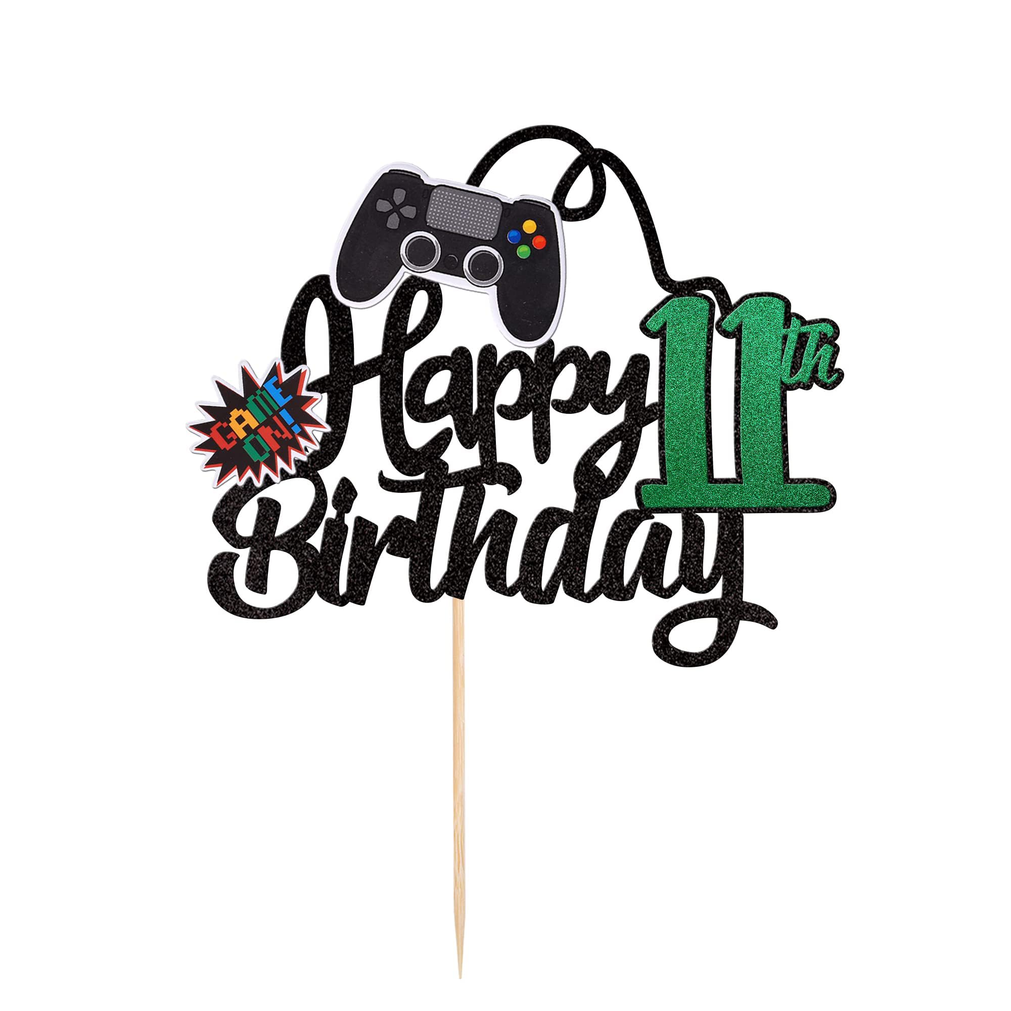 1 PCS Video Game Happy 11th Birthday Cake Topper Glitter Video Game Cake Pick Game On Controllers Eleven Cheers to 11 Years Cake Decoration for Happy