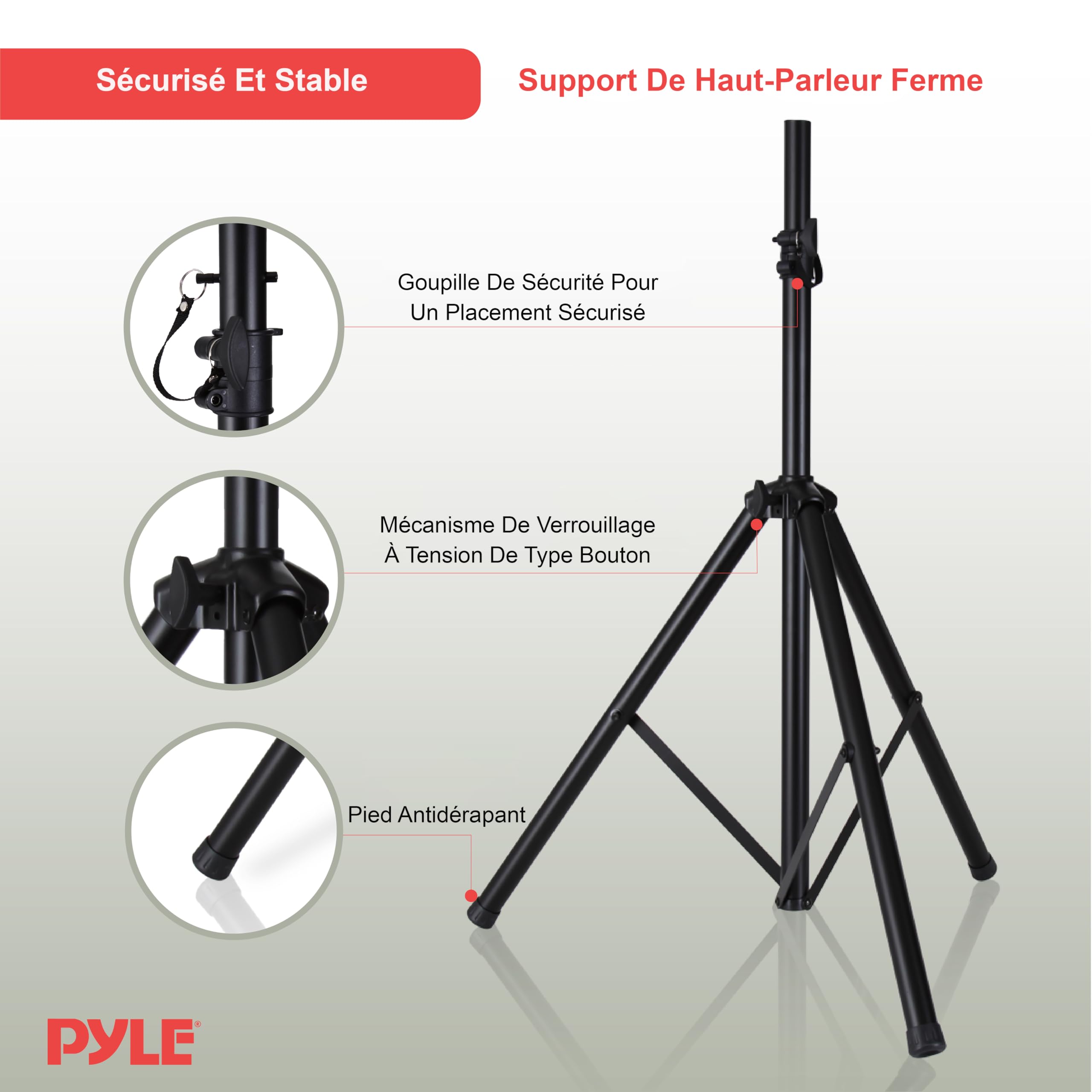 Pyle Pied d’Enceinte, Support Haut-Parleur universelle, Trépied robuste, Support d’Enceinte Pliable avec hauteur réglable de 100 à 180 cm, Insert 35 mm, Charge 60 kg, Noir