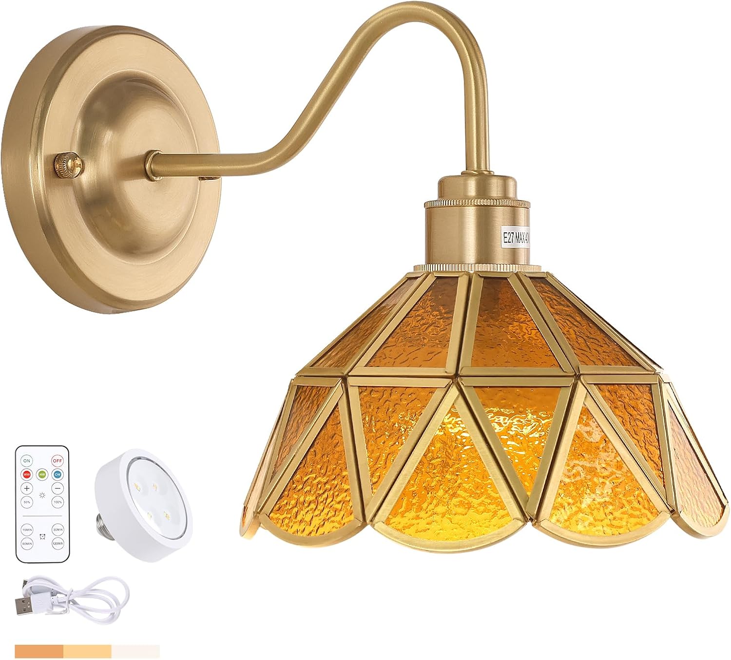 Vintage Battery Operated Wall Sconce with Remote, Rechargeable LED Wall Lamp 3 Colors Dimmable, Gold Wall Lights Fixture for Bedroom Living Room Hallway Coffee Stone Triangle Checker 1 Light Battery Operated Coffee Stone Triangle Checker