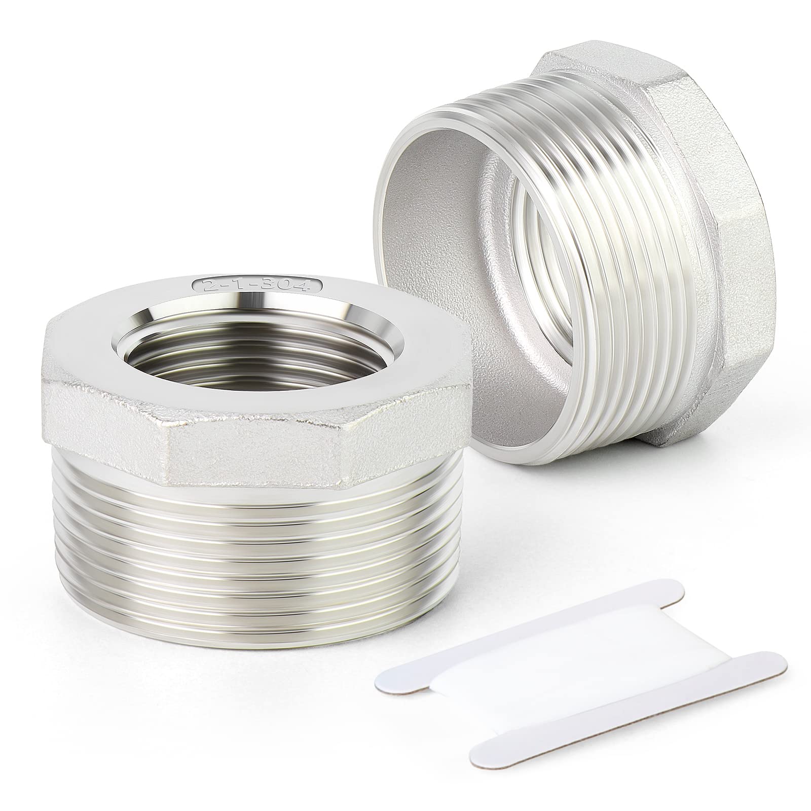 TAISHER 2PCS 304 Stainless Steel Reducer Hex Bushing, 2" NPT Male x 1" NPT Female, Reducing Pipe Adapter Fitting