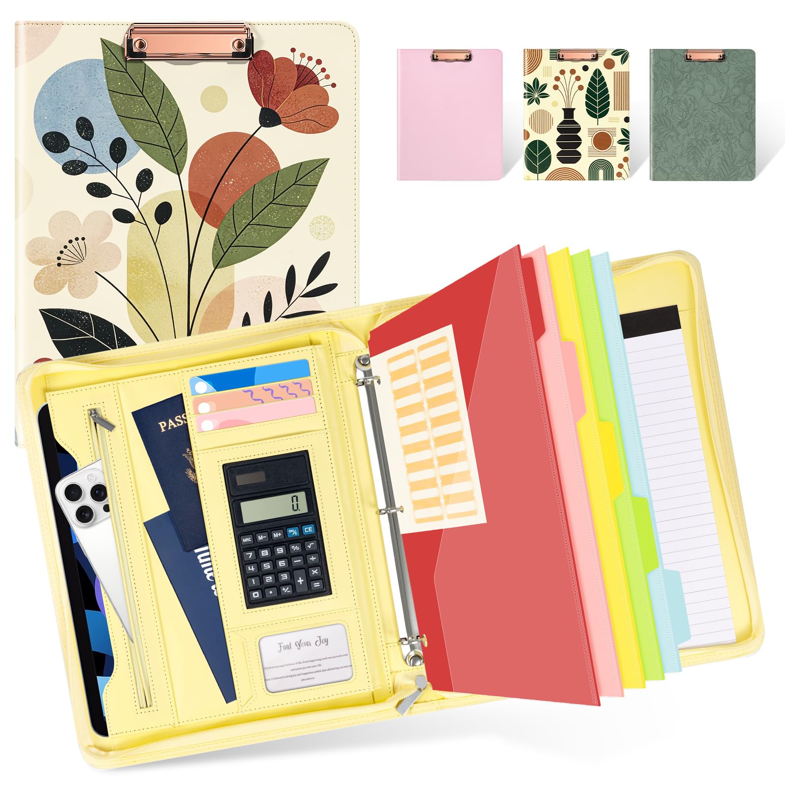 Ospelelf Vintage Leather Portfolio Binder 3 Ring, Zippered Clipboard Folder with Storage - 5 Dividers with Pocket, Padfolio for Women,12.1” Tablet Sleeve, Refillable Notepad, Card Slot