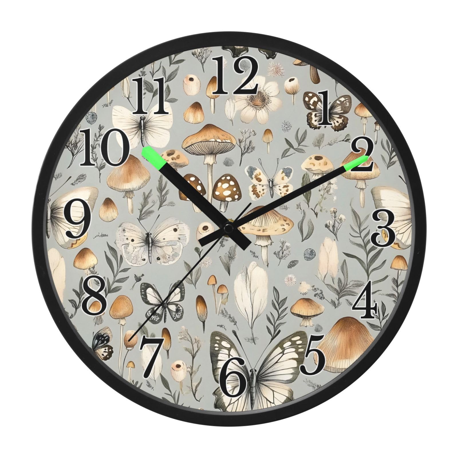 Mnsruu Reloj de pared luminoso con diseño de mariposa y hongo, color gris, reloj de pared que brilla en la oscuridad, funciona con pilas, reloj silencioso de 30,5 cm con luz nocturna para dormitorio