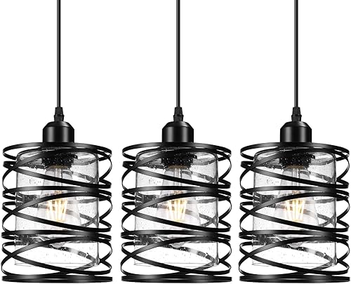 Miniatura 10 de Paquete de 2 luces colgantes negras para decoración de isla de cocina, moderna lámpara colgante de vidrio sembrado sobre el fregadero, luces de