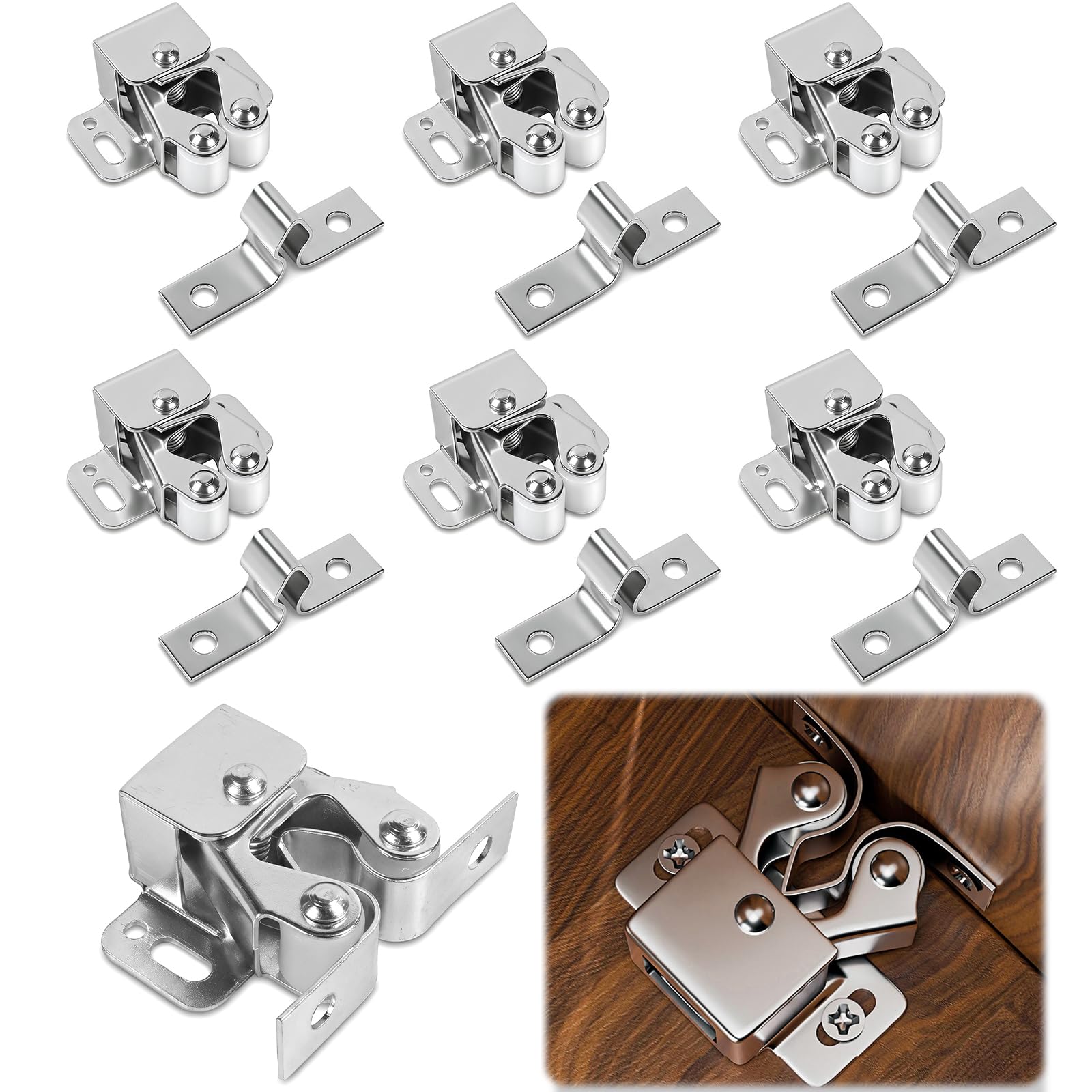 Merzio Silver 6 Pack Roller Catch Cupboard Door Catch Zinc Plated Cabinet Latch Double Roller Catches And Latches For Kitchen Cupboard Wardrobe Caravan