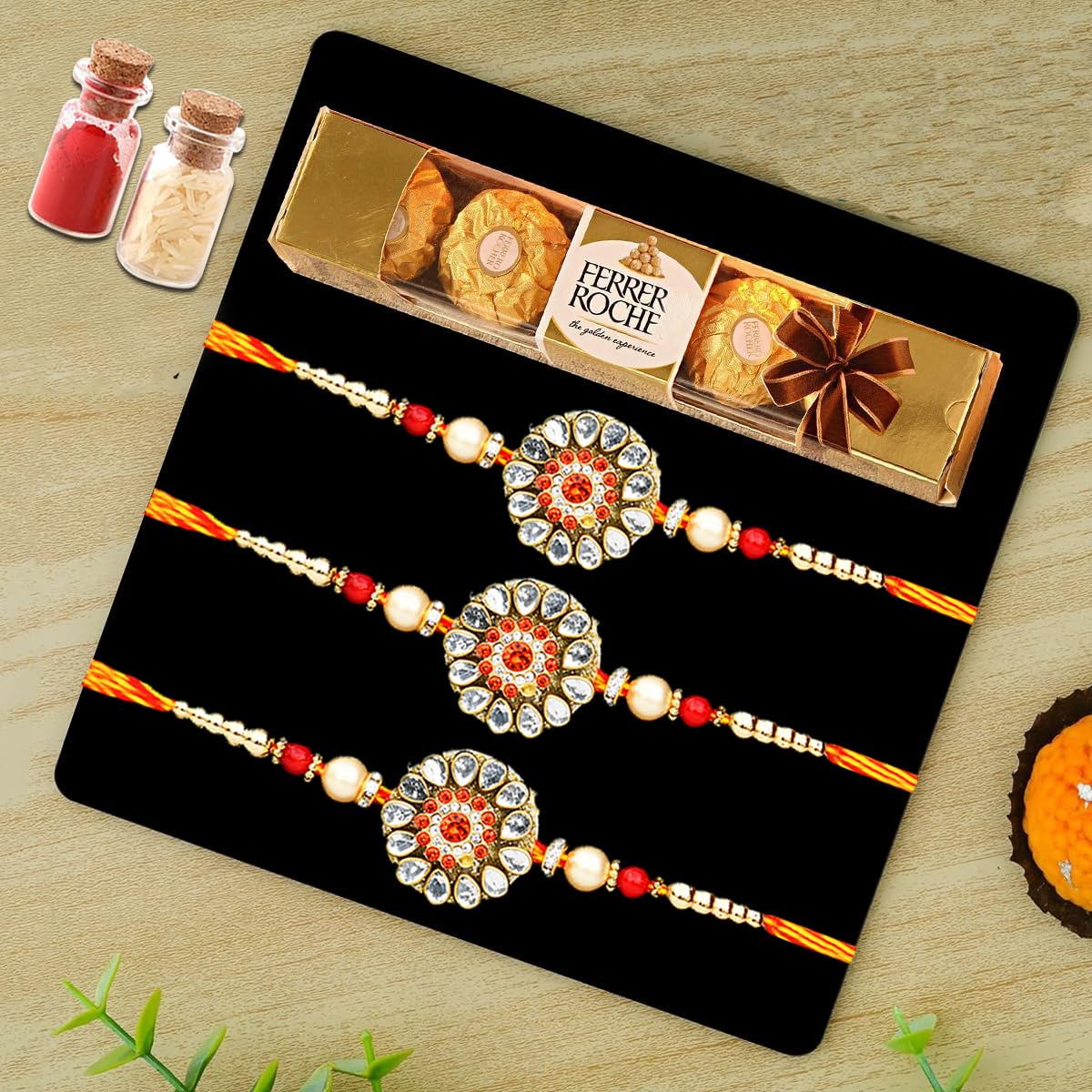 Saugat Traders Rakhi Set of 3 with Chocolate Pack for Brother - Designer Kundan Stone Rakhi with Gift for Bhaiya and Roli Chawal Chopra-image-20