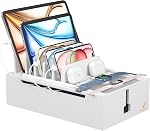 Pezin & Hulin Station de télépéage du bambou, station d'accueil téléphonique multichargeur, grande boîte de stockage de fils et organisateurs pour les câbles Hider (incluez 10-Port USB Chargeur et 6 Câbles) -Natural+White