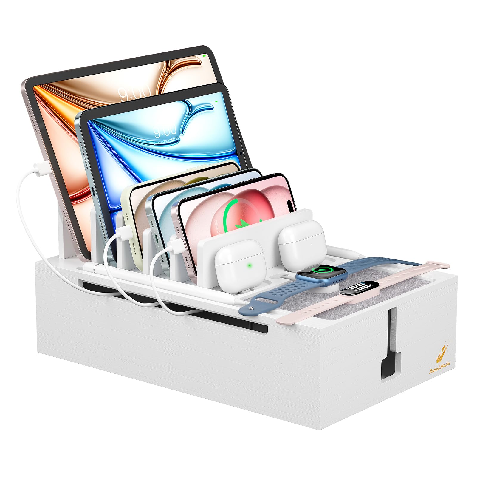 Pezin & Hulin Stazione di ricarica in bambù, organizer per dispositivi elettronici per più dispositivi come telefoni cellulari, tablet, orologi e altro, colore bianco (senza caricabatterie USB e cavi