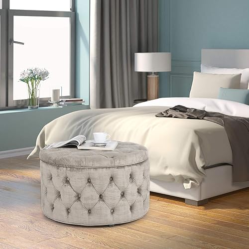 Miniatura 42 de Homebeez Otomana redonda de terciopelo para almacenamiento, reposapiés con botones copetudos, mesa de café (rosa) Rosa,Azul,Verde,Gris,Gris