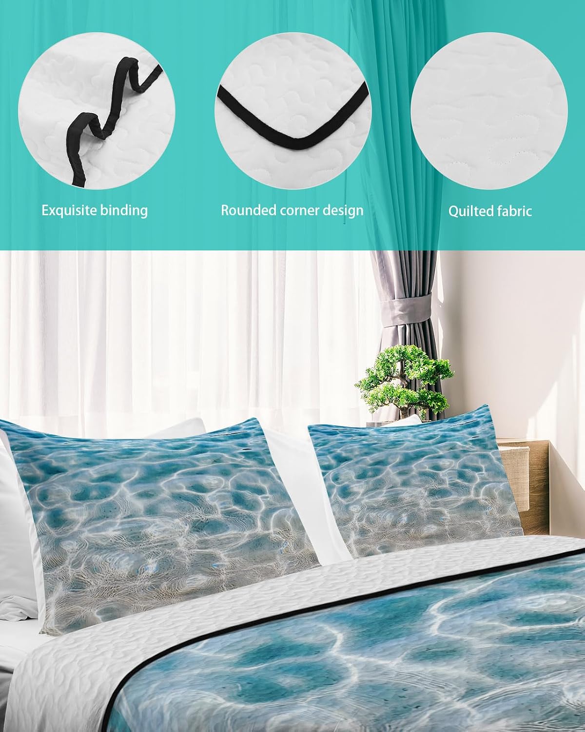 Queen Size Quilt Set, Blue Sea Water Ripple Lightweight Bedspread Coverlet Set Soft Microfiber Summer Quilt with 2 Pillow Shams, Ocean Seabed 3 Piece Comforter Bedding Set