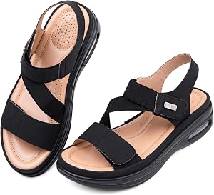 Women's Walking Sandals Air Cushion Support Platform Elastic Ankle Strap Comfortable Casual Ladies Wedge Sandals for Summer