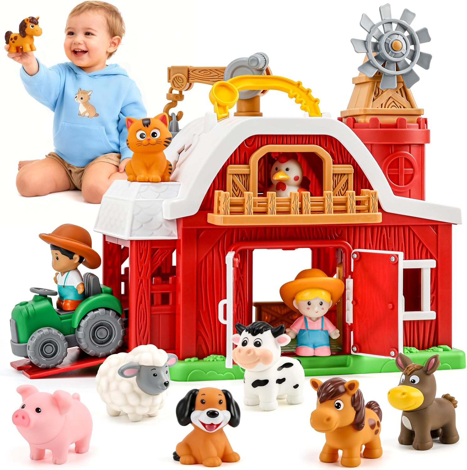 15-Piece Upgraded Farm Animal Big Barn Playset Gifts for Toddlers Christmas|Montessori Learning Toys for 18 Months Olds Girls Boys|Pretend Interactive Animal with Tractor Birthday Gifts for 2 Years
