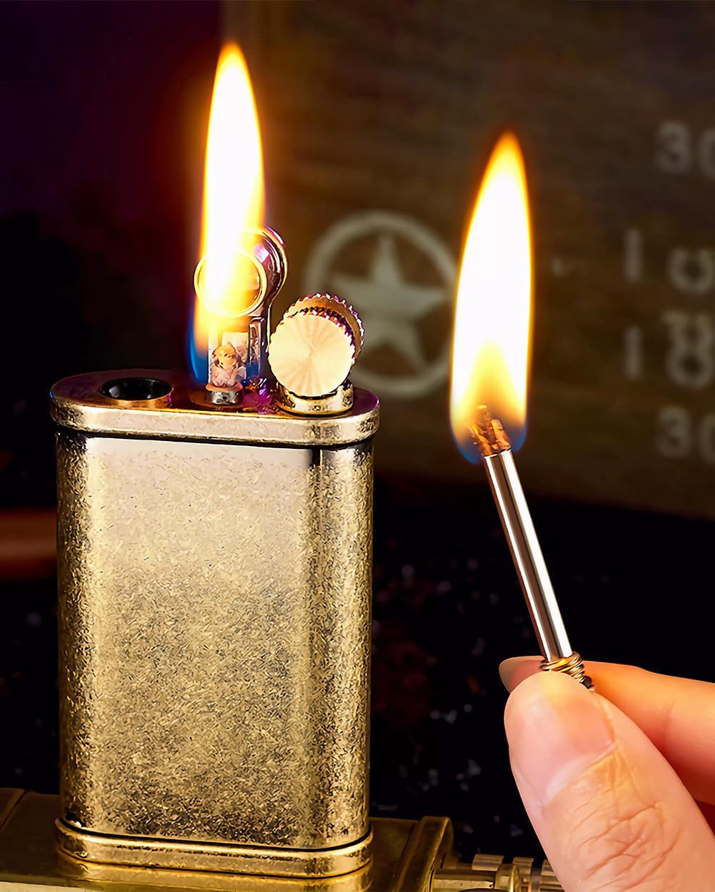 Matchstick Lighter with 2 in 1, Permanent Match Antique Kerosene Lighter, Wheel Style Lift Arm Lighters for Outdoor Camping Emergency Survival Gear (Copper knurled)