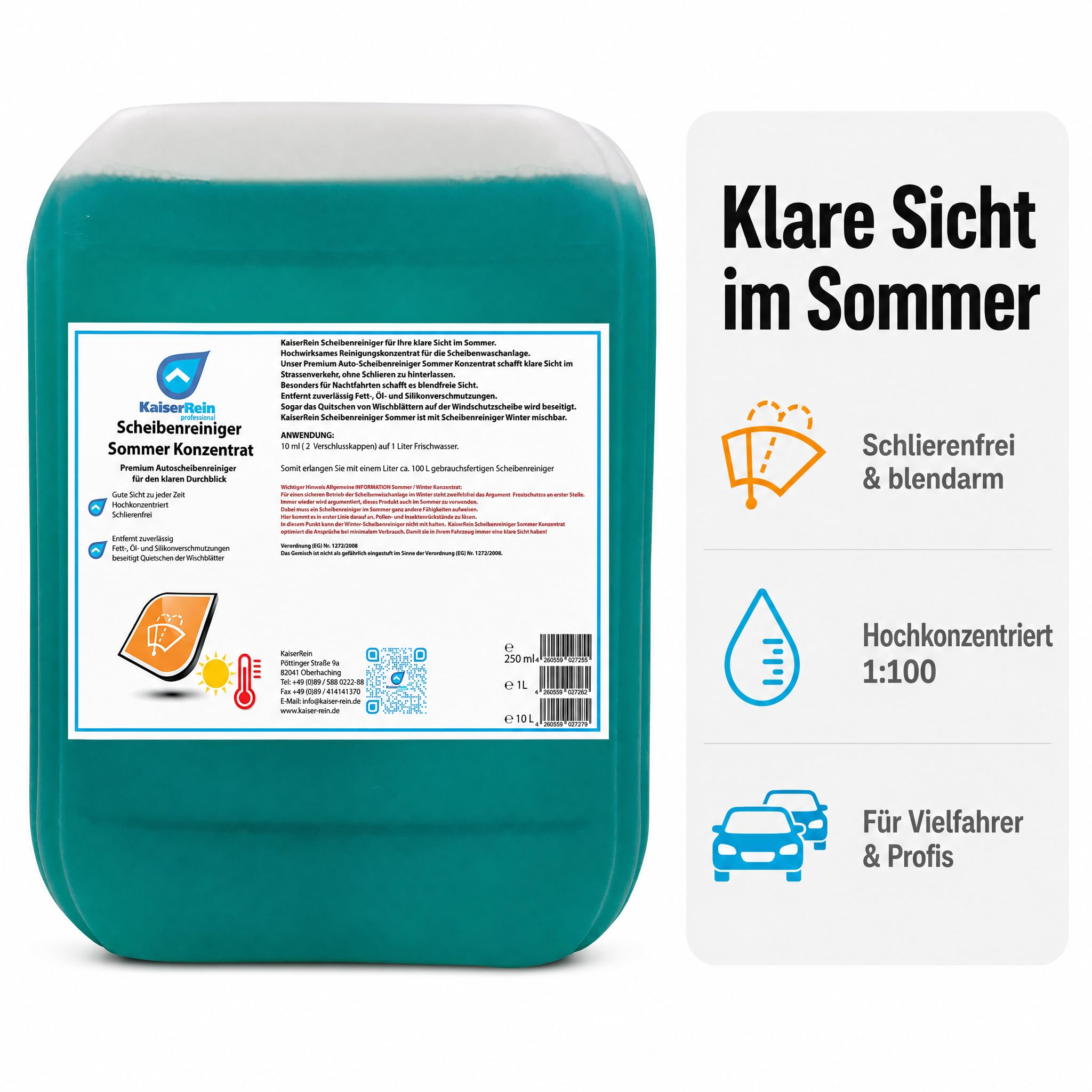 KaiserRein Scheibenreiniger Auto Sommer Konzentrat 10L Kanister Scheibenwischwasser Auto Wischwasser Sommer guter Geruch Autoscheibenreiniger