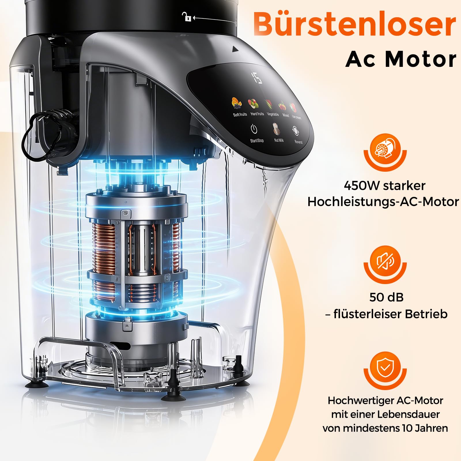Entsafter 450W Slow Juicer 156mm Fütterungsrutsche 3L Füllvolumen Kaltpresse BPA-Frei