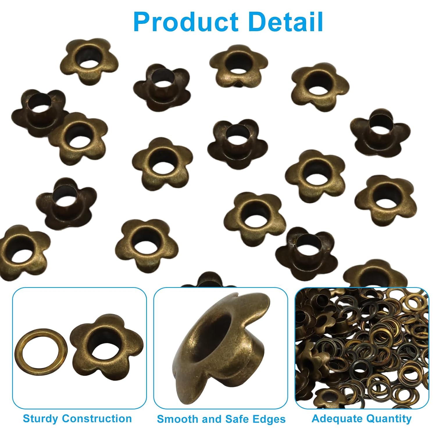 Waziaqoc 200 Pcs 3/16 Inch ID Flower Grommets Eyelets, 5mm Hole Self Backing Eyelets for Bead Cores, Clothes, Leather, Jewelry, Antique Brass