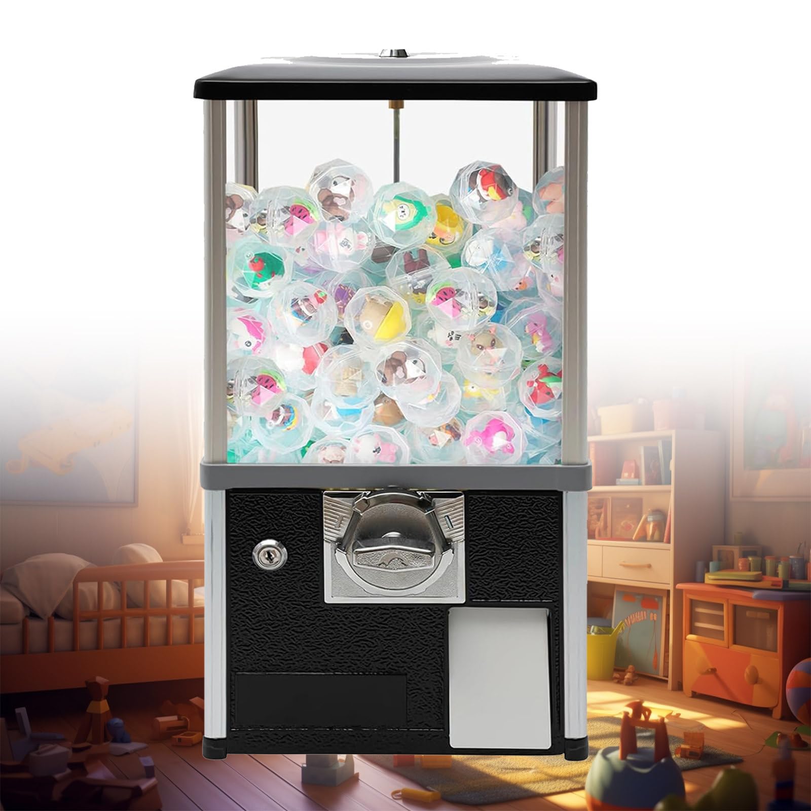 JJENXYYDS Small Vending Machine,Vintage Candy Gumball Machine,Round Capsules Gumballs Bouncy Balls,Gashapon Machine for Game Stores,Coin Operated Gumball Bank,Black