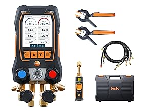 Testo 558s AC Manifold Gauge Set – HVAC Manifold Gauge Set with 2X 115i Pipe-Clamp Thermometer, 1 x 552i Vacuum Probe and a Set of 4 Hoses – with 4-Way Valve, USB-C - Bluetooth and App-Connection