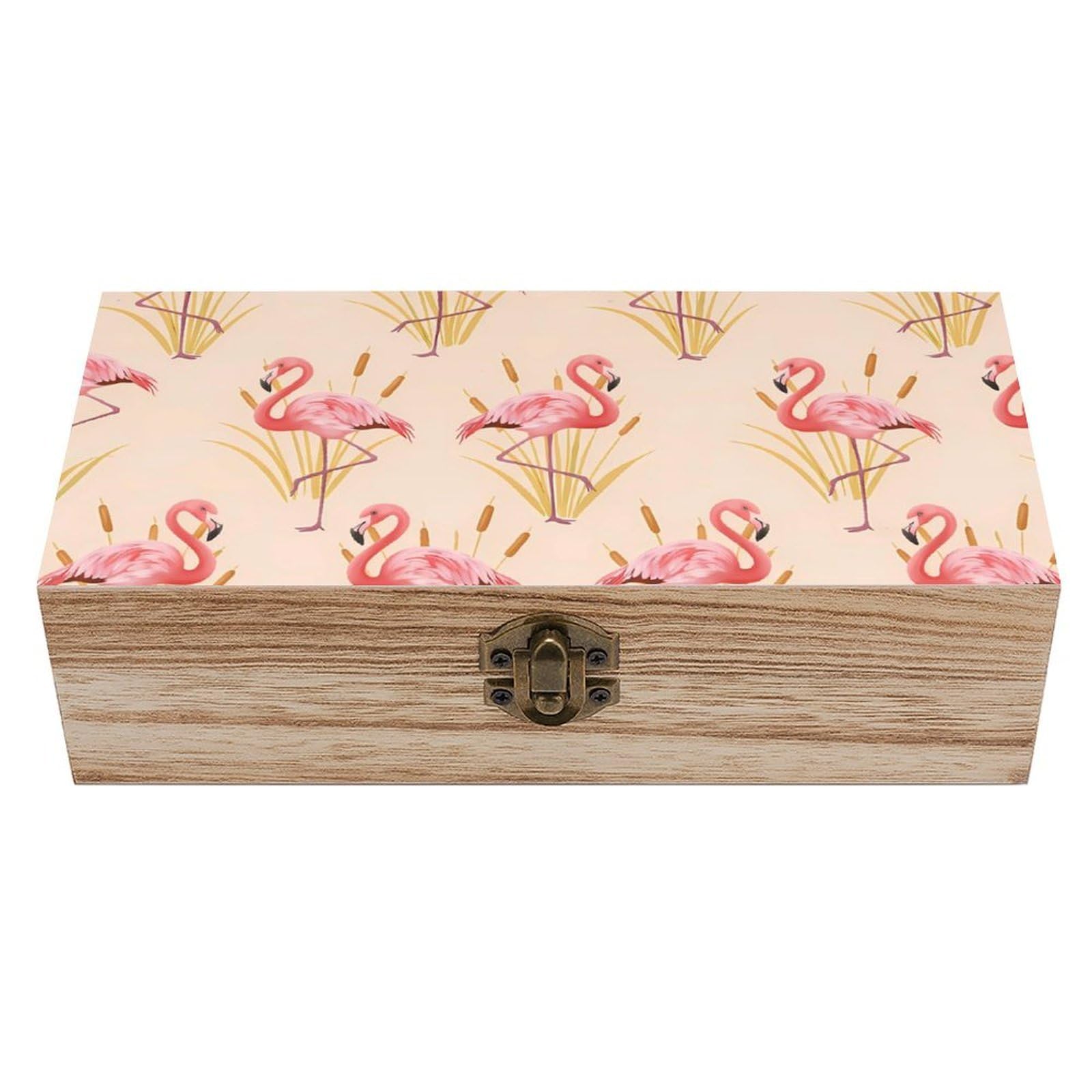 SMAZDFXX Pink Flamingo Wooden Storage Box With Hinged Lid Decorative Front Clasp Keepsake Boxes