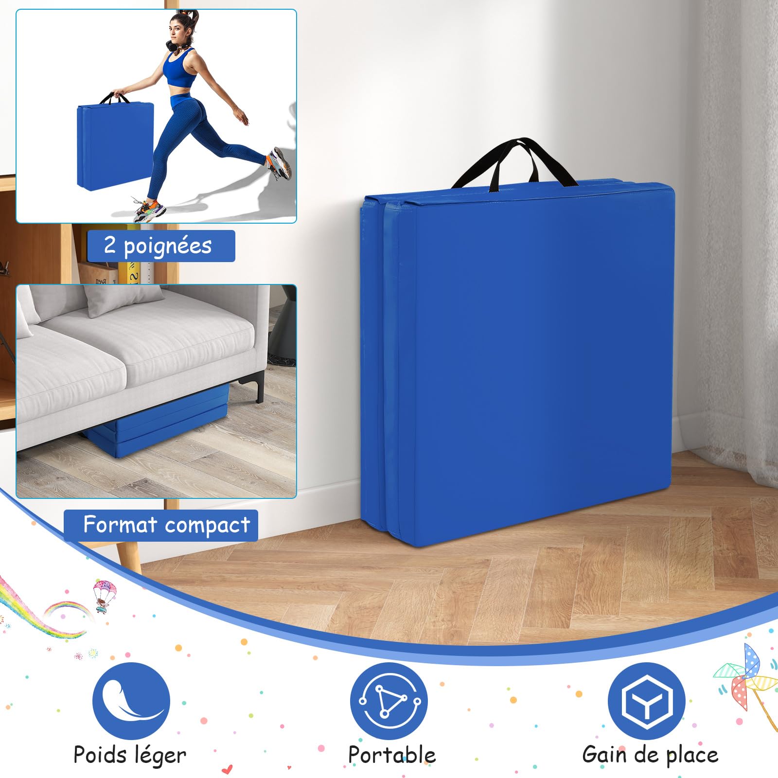 COSTWAY Tapis de Gymnastique Pliable Epais, Matelas d'Entrainement en Mousse et PU avec Poignées, pour Gymnastes Entraînements Sportifs Yoga, 180x60x5CM