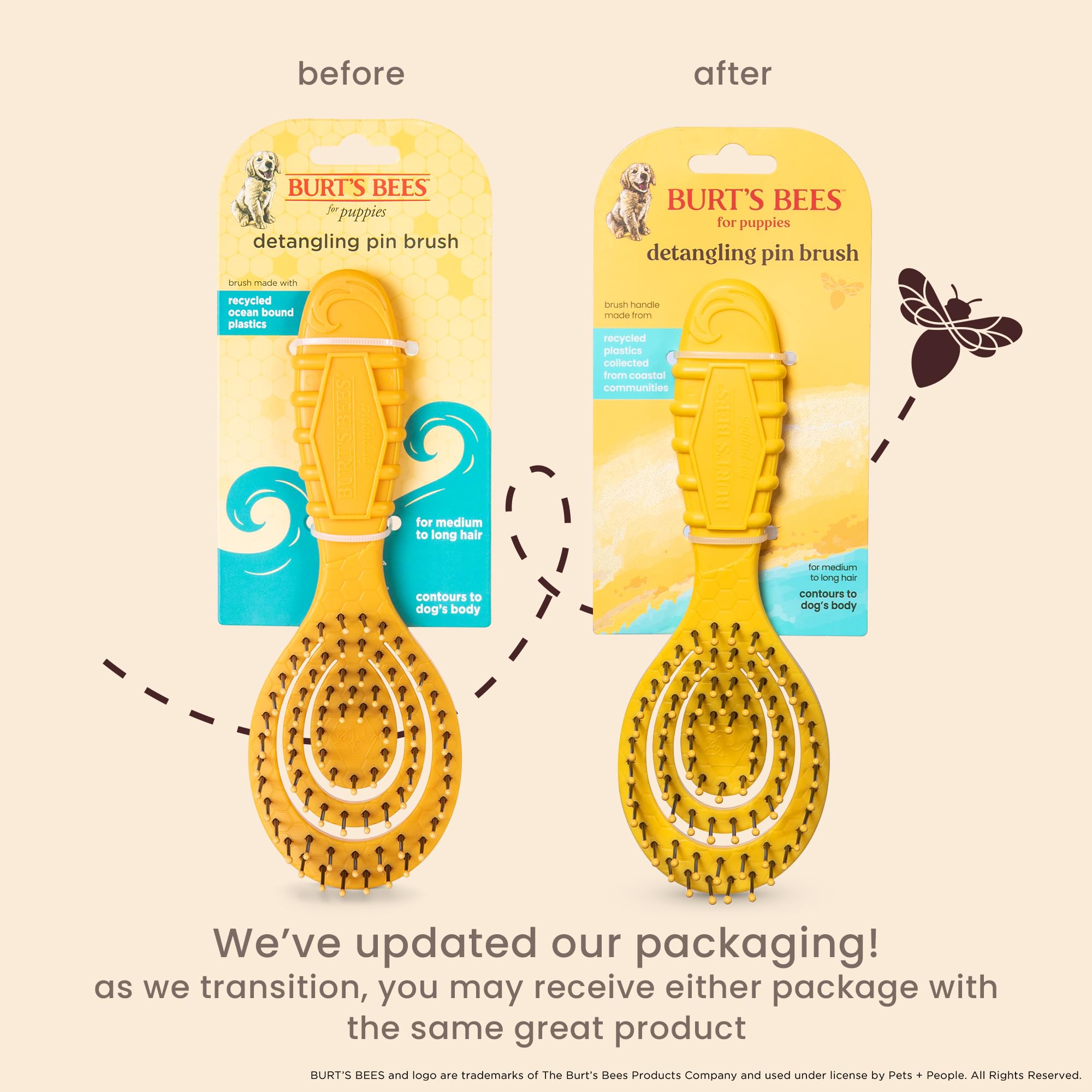Burt's Bees for Pets Brosse démêlante pour chiots et petits chiens à poils moyens à longs | Manche en plastique recyclé 100% lié à l'océan | Brosse pour chien élimine les nœuds et desserre les tapis