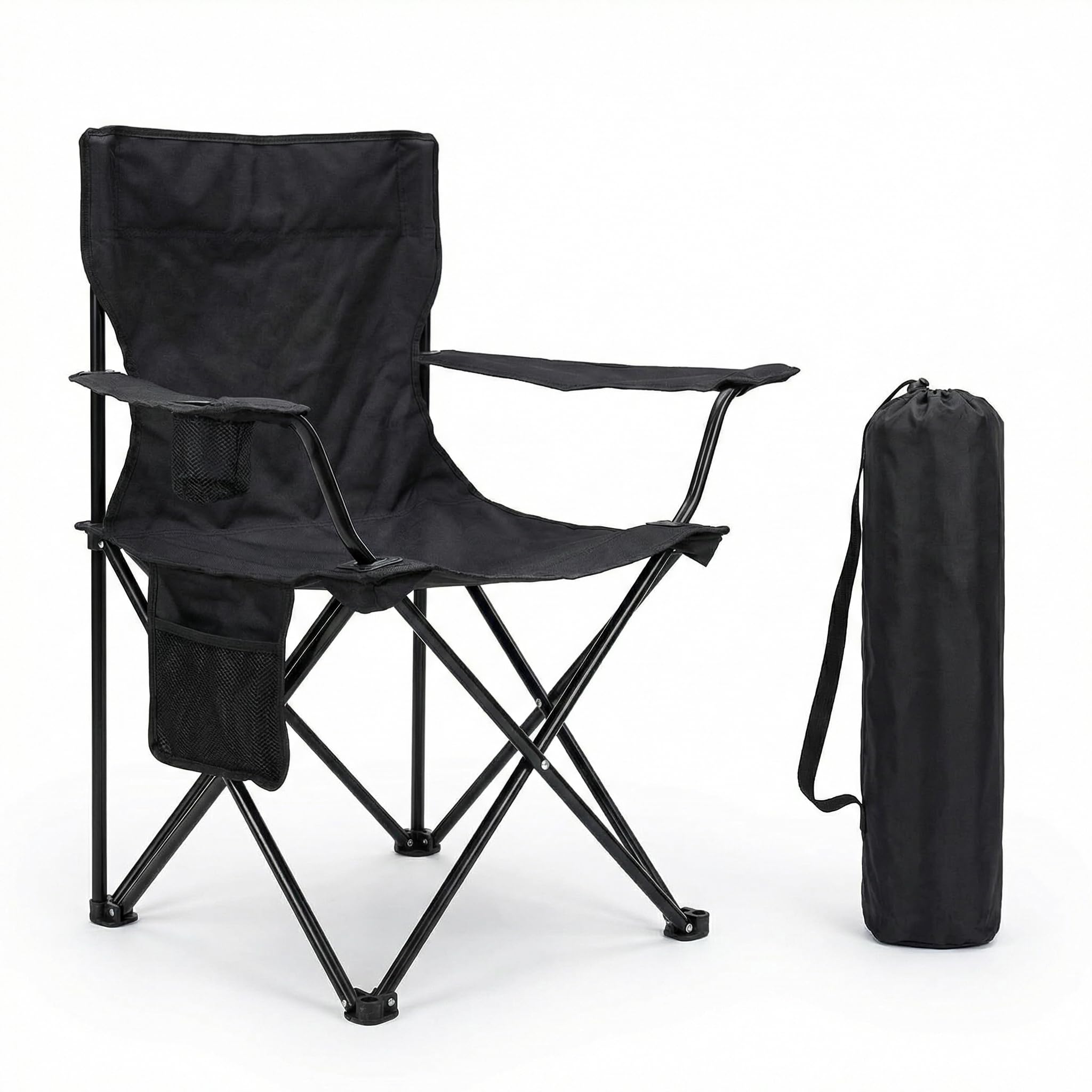 Silla Plegable de Camping con Respaldo y Reposabrazos 48x49x80 cm, Portavasos y Bolsillo, Ultraligera Portátil para Playa, Pesca, Jardín y Excursiones – Incluye Bolsa (Negro, Pack de 2)