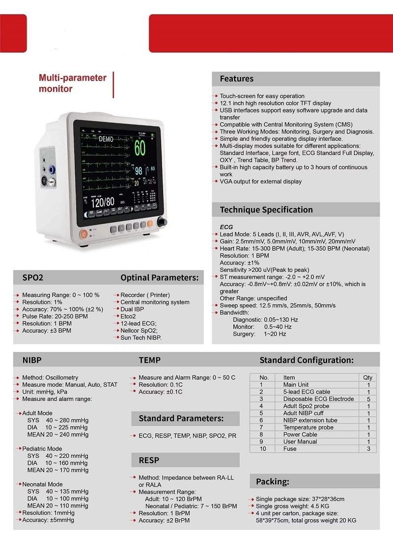 Macchina per Segni Vitali da 12 Pollici, Monitor Paziente Multiparametrico, Monitoraggio Paziente Remoto Portatile, Monitoraggio ECG della Respirazione, Dell'ossigeno nel Sangue