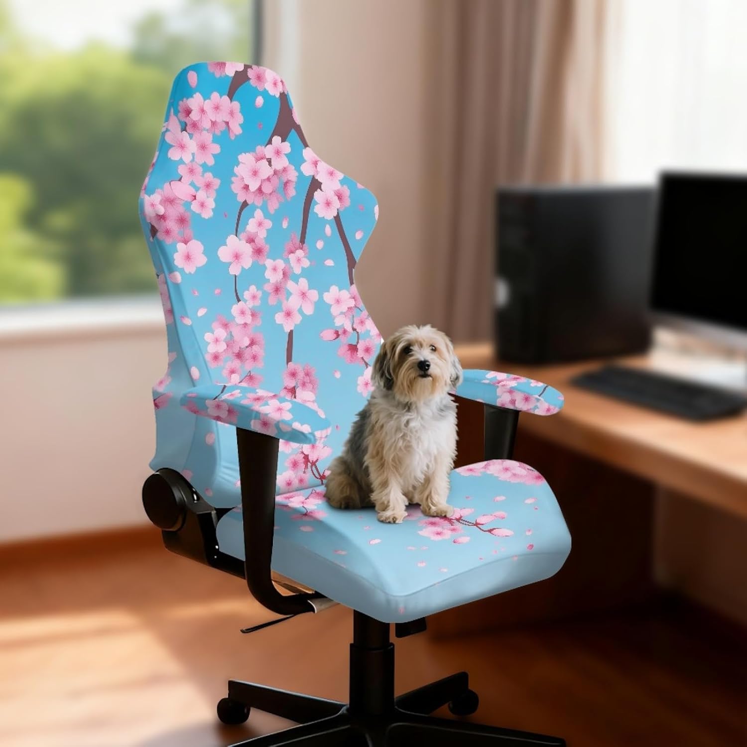 Merkmak Cherry Flower Gaming Chair Covers Set with Armrest Covers Stretchable Office Chair Seat Slipcover with Straps for Home Decor, Gaming Room, Office Furniture Protectors