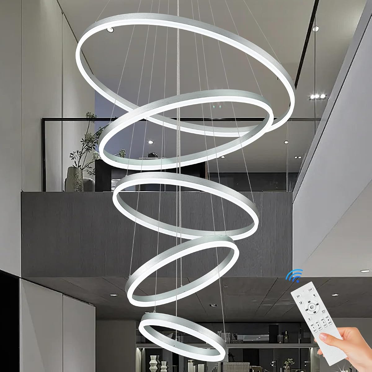 Sparklelf LED Chandelier, 5 Rings, Dimmable, Remote Control, Silver, 31.5in,