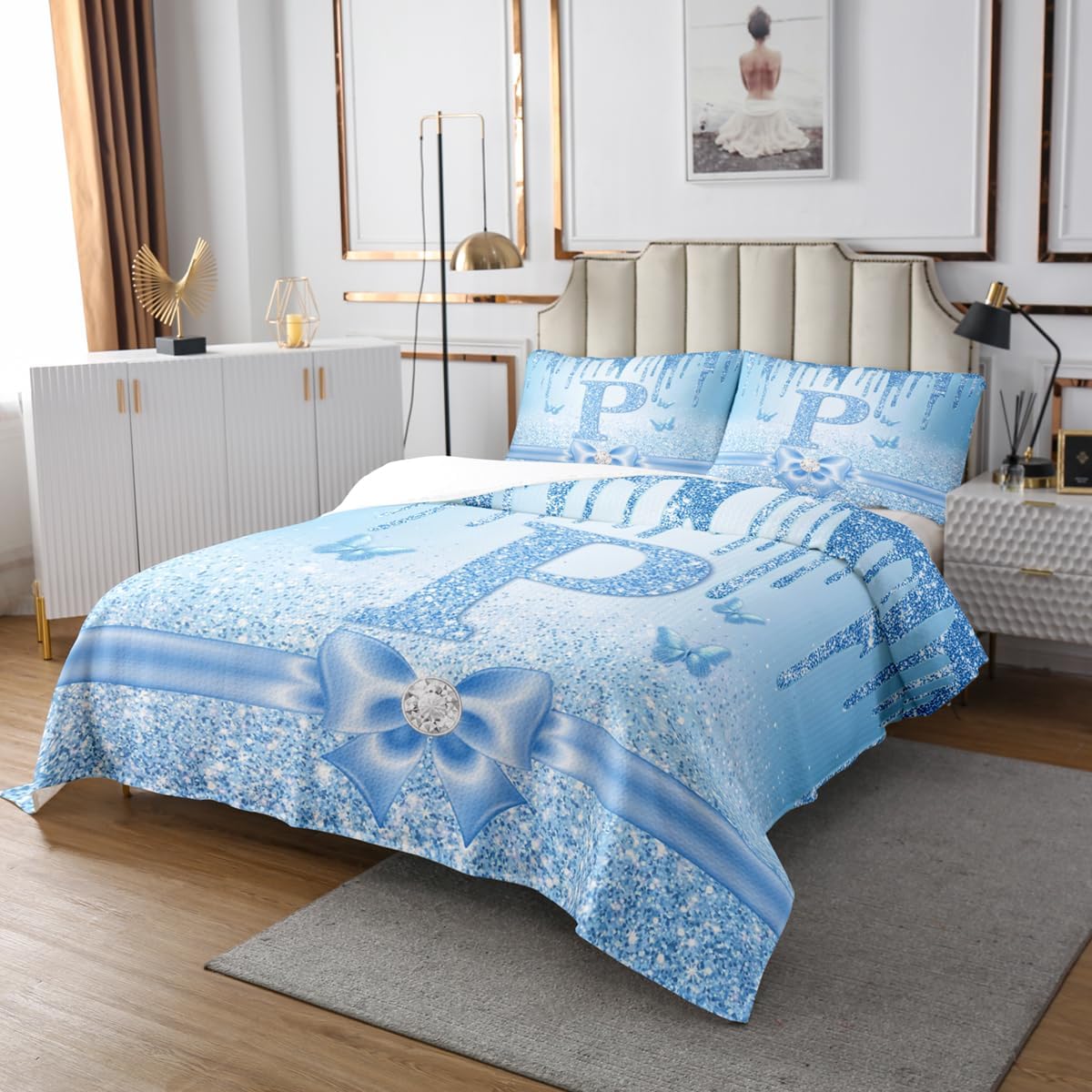 Erosebridal Personalized Initial P Quilt Set Queen Blue Princess Alphabet Letter Bedspread Dreamy Glitter Bowknot Monogrammed Coverlet Set,Sequins Fluid Art Bedroom Decor Bedding Quilted