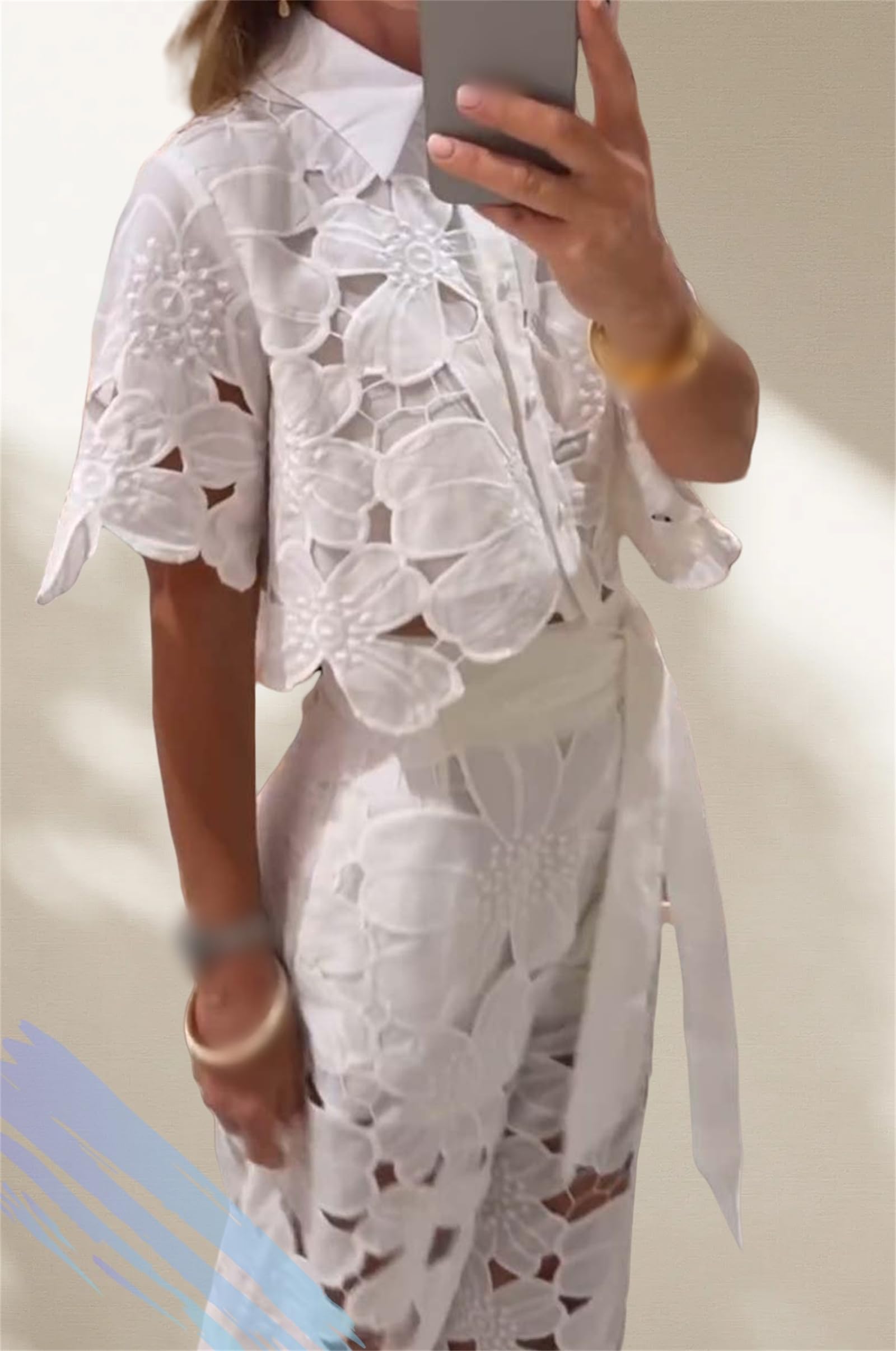 Camicetta Floreale in Pizzo con Bottoni Sexy da Donna Top 2 Pezzi Set Tuta Pantaloni a Gamba Larga Elastico in vita Pantaloni a Gamba Larga Set Corrispondente