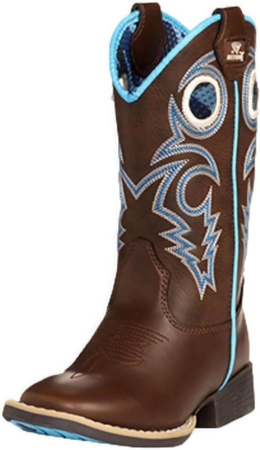 TWİSTER Hudson Boy's Boots, Brown with White and Blue Stitched Pattern, Pull Holes, Easy On/Off