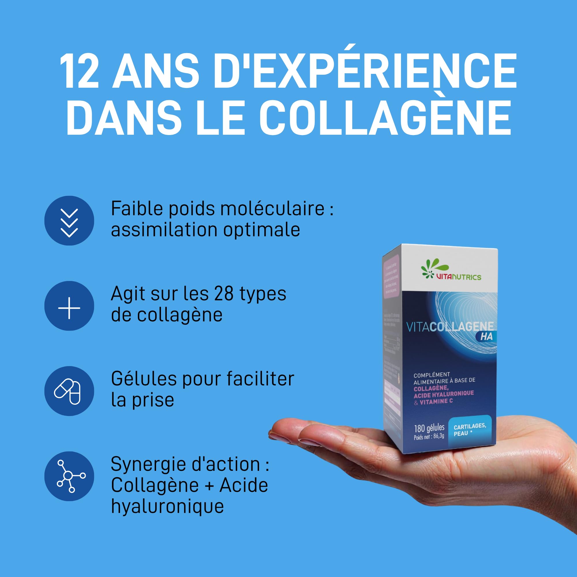Vitanutrics - VITACOLLAGENE HA - Os, Gencives et Cartilages - Enrichi en Acide Hyaluronique et Vitamine C - Fabriqué en France - 90/180 Gélules (180 gélules)