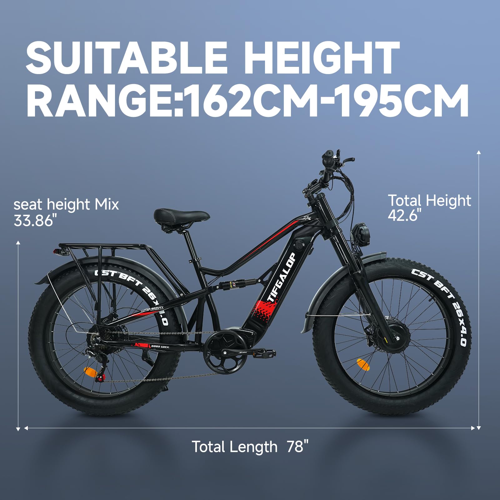 Lohang Elektrofahrrad für Erwachsene, 26-Zoll-Mountainbike, 52 V 19 Ah/21 Ah Akku, Reichweite bis zu 40/80/90 km, Doppelstoßdämpfer, 7 Gänge, Strand- und Schnee-Elektrofahrrad