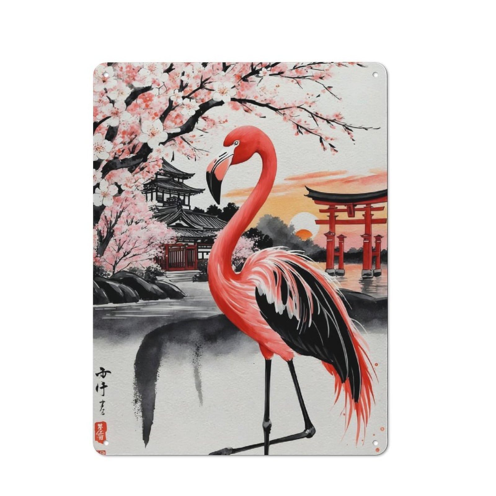 Junmoney Flamingo Japan Painting Metal Plaque 40X30cm With For Workshop Wall, Retro Decor, For Garage, Workshop And Man Cave Decoration