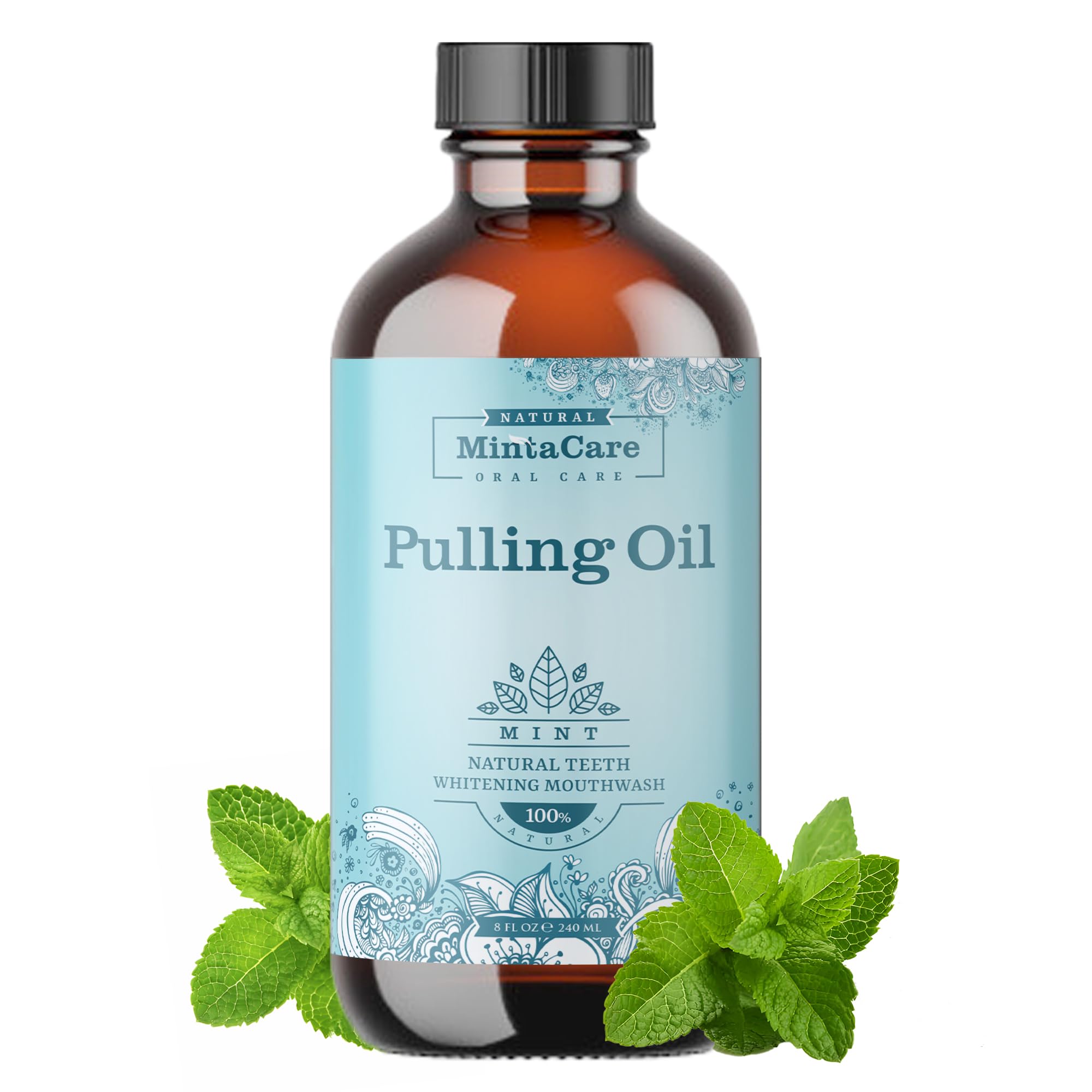 All Natural Organic Oil Pulling for Teeth & Gums, Mouthwash in Glass Bottle for Teeth Whitening, Fresh Breath & Gum Health - Oral Care - Made in USA - Mint Flavor - 8oz, Clear
