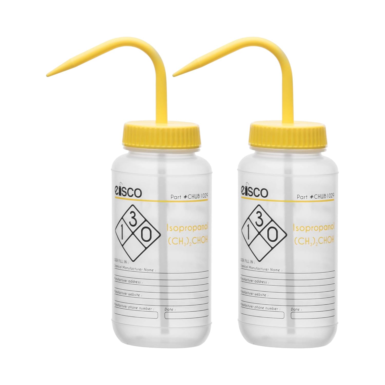 EISCO 6PK Wash Bottle for Isopropanol, 500ml - Labeled with Color Coded Chemical & Safety Information (2 Color) - Wide Mouth, Self Venting, Low Density Polyethylene Labs