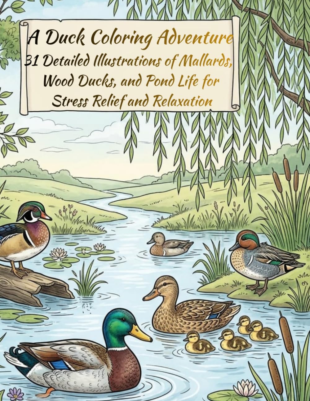 A Duck Coloring Adventure: 31 Detailed Illustrations of Mallards, Wood Ducks, and Pond Life for Stress Relief and Relaxation