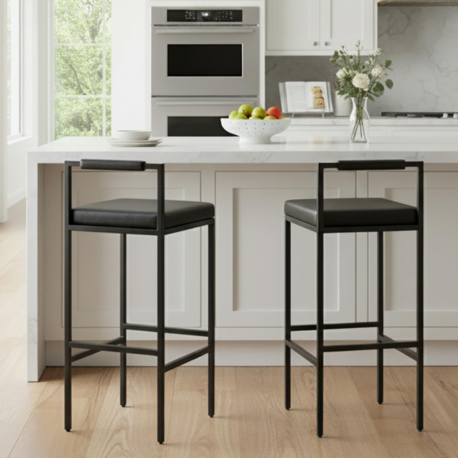 CIMOTA Black Modern Bar Stools Set of 2 with Low Back, Leather Counter Height Stools Tall Barstools Upholstered Bar Chairs Counter Stools for Kitchen