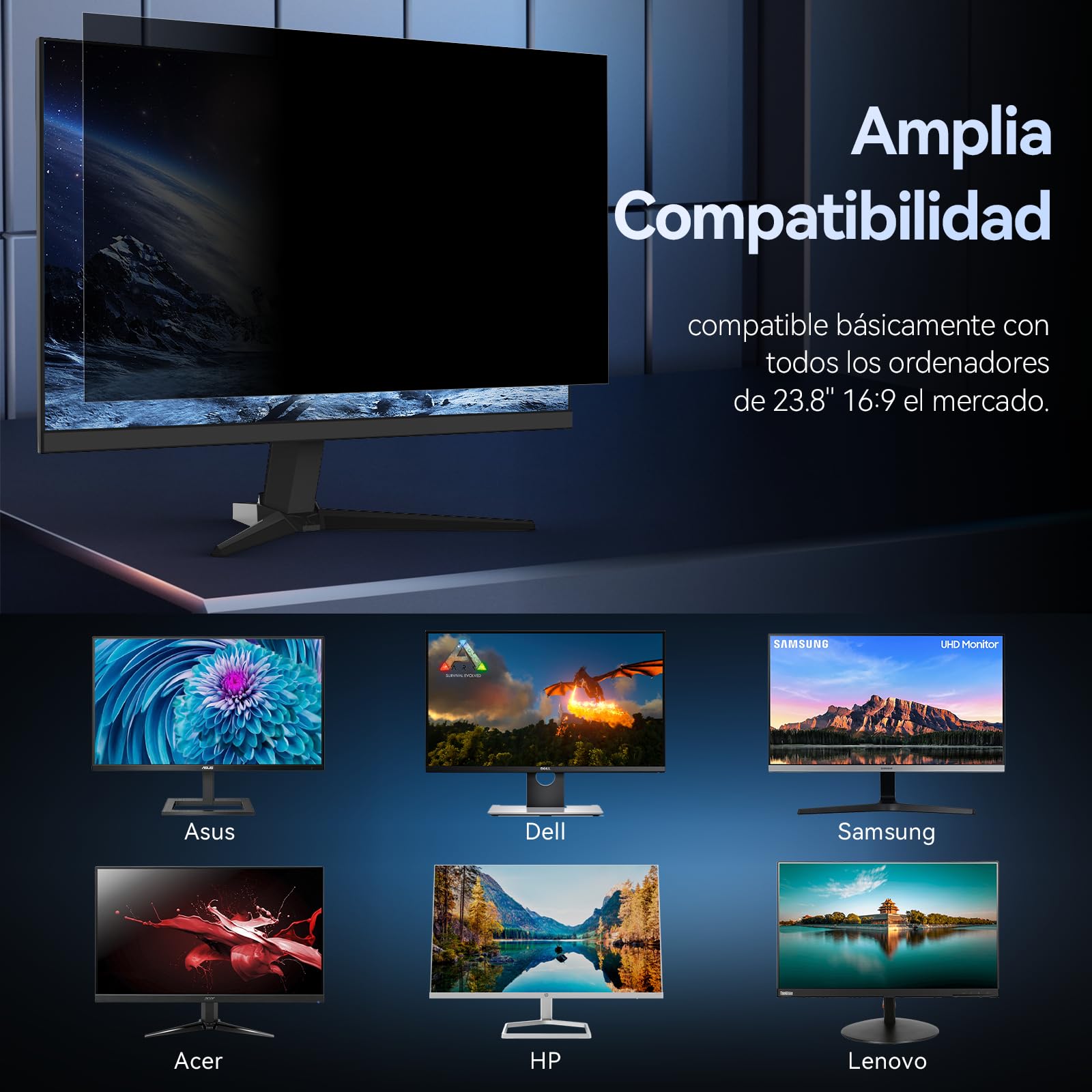 Filtro Pantalla Privacidad para Ordenador 23.8 Pulgadas Relación de Aspecto 16:9，Protector de Monitor Antirreflejos de Luz Azul, Film de Privacy Antiespias Compatible con Lenovo/HP/Dell/Acer/Samsung