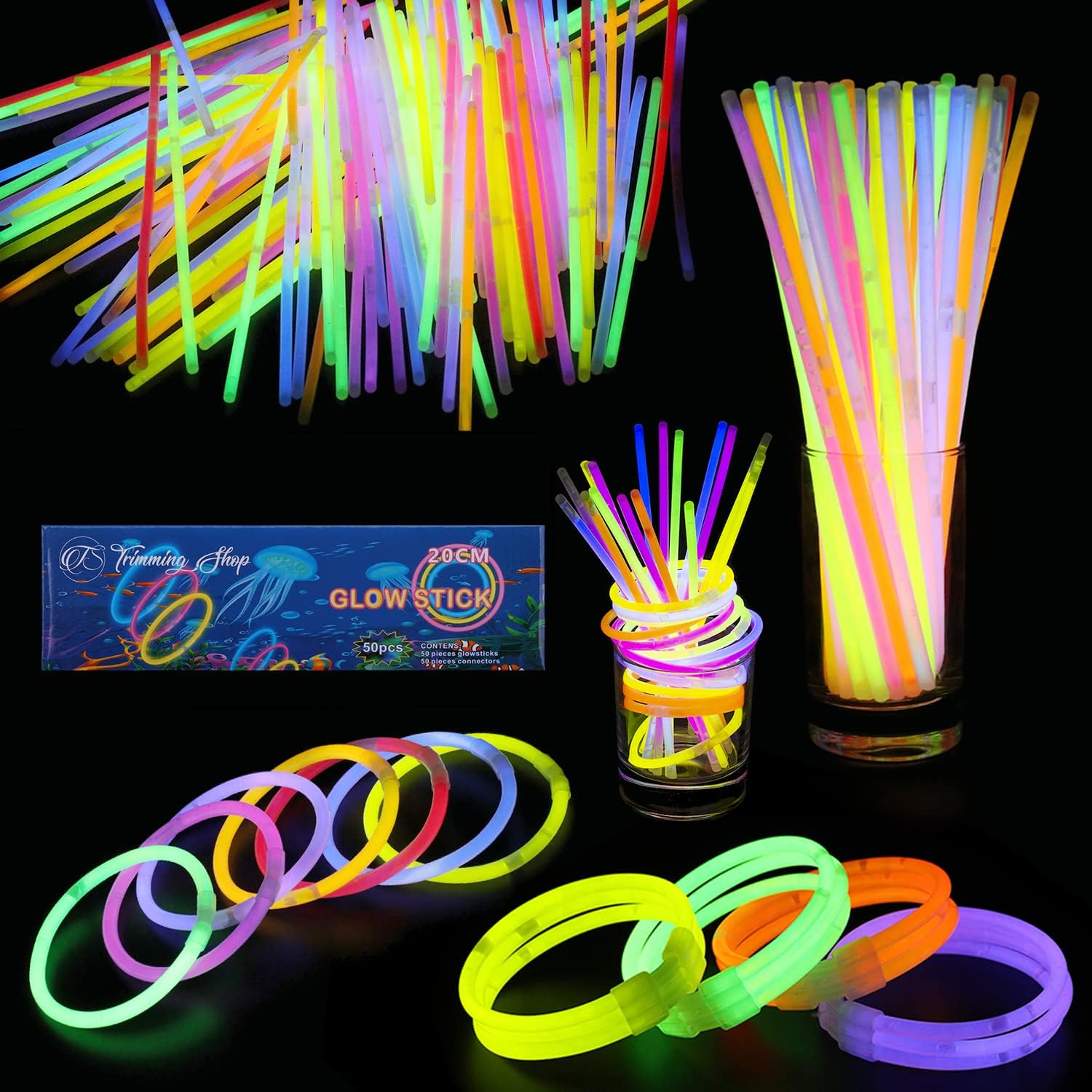 Trimming Shop Glow Sticks Bracelets Wrist Band Neon Necklace for Party Supplies, Birthday, New Year’s Eve, Christmas Party, Wedding Favors, Mixed Color Light Sticks (50pcs)
