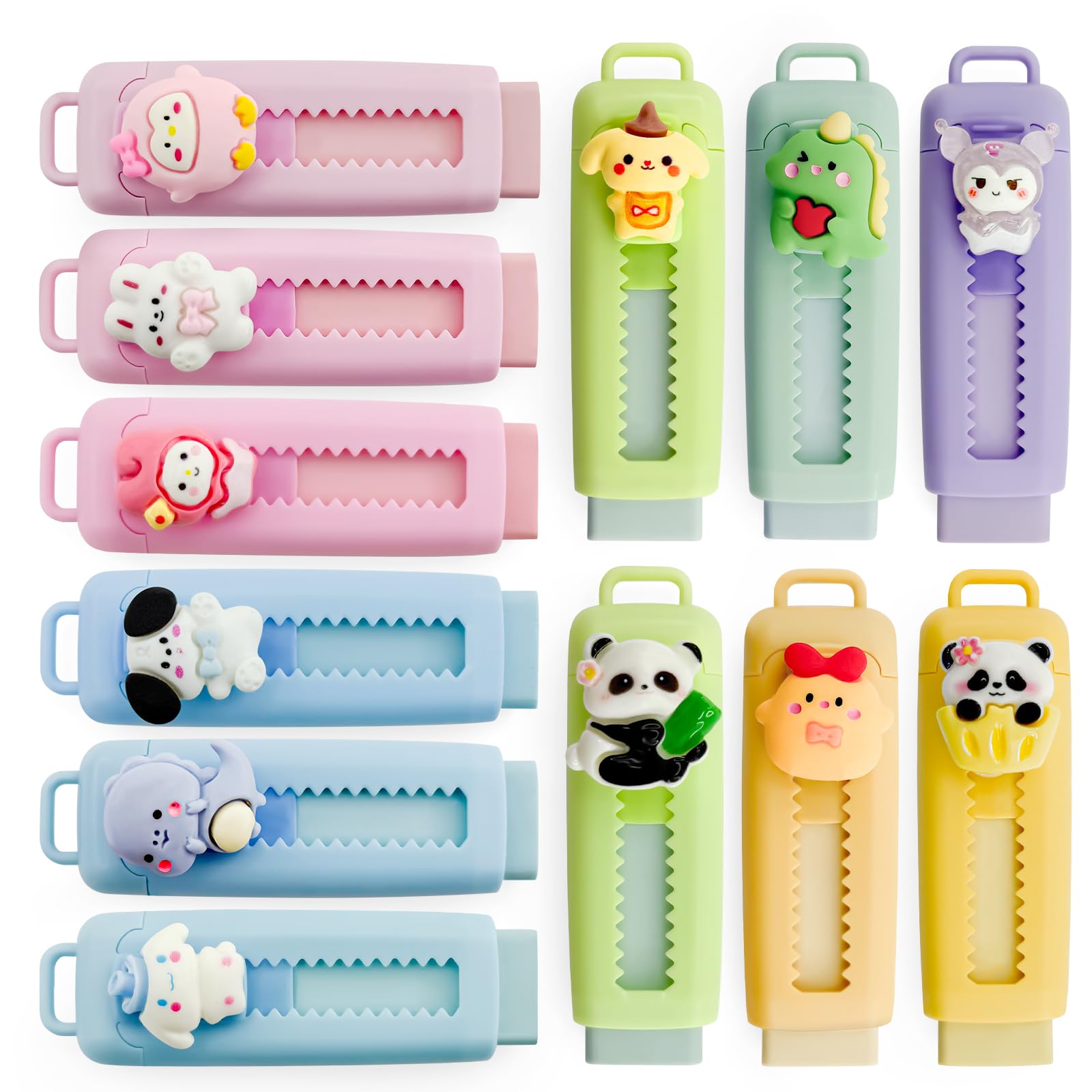 12 Pcs Sliding Retractable Pencil Erasers Push Pull Rubbers Erasers for Kids Soft Cute Rubbers for Students Drawing,Writing,Office,School Reward Gifts,Cute Party Bag Fillers